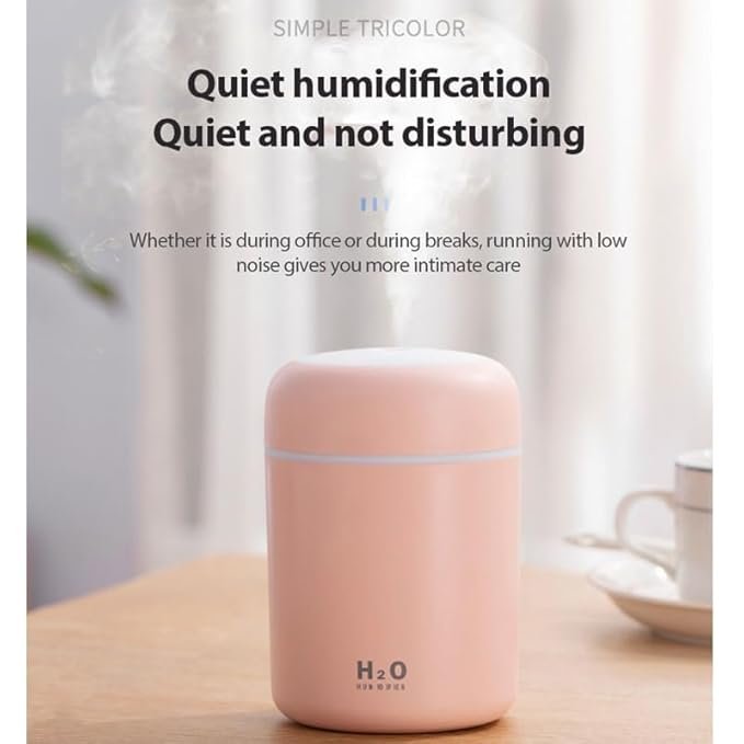 H2O Humidifier ? Mini Portable Cool Mist Humidifier with Night Light | USB Rechargeable Personal Air Humidifier for Home, Car, Office & Travel (320ml)