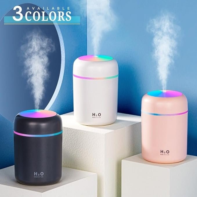 H2O Humidifier ? Mini Portable Cool Mist Humidifier with Night Light | USB Rechargeable Personal Air Humidifier for Home, Car, Office & Travel (320ml)