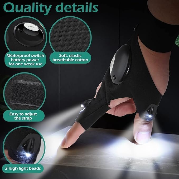 LED Flashlight Gloves ? Hands-Free Light Gloves with Finger LEDs for Night Work, Repair, Fishing, Camping & Outdoor Use | Adjustable Strap, Waterproof & Rechargeable