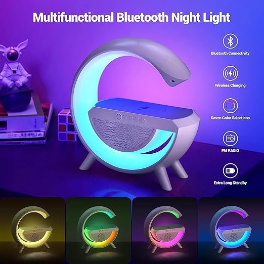G-Shape LED Wireless Charging Speaker Lamp ? 3-in-1 Night Light with Bluetooth Speaker & 15W Fast Wireless Charger | Touch Control Decorative Lamp for Bedroom & Office