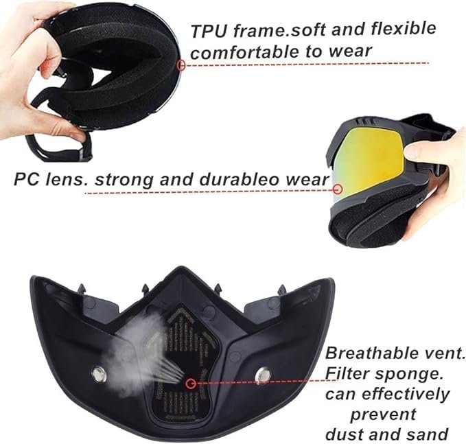 Motorcycle Goggle Mask ? Detachable Windproof Face Mask with UV Protective Goggles for Riding, Off-Road & Dirt Biking, Adjustable Strap & Ventilation Design