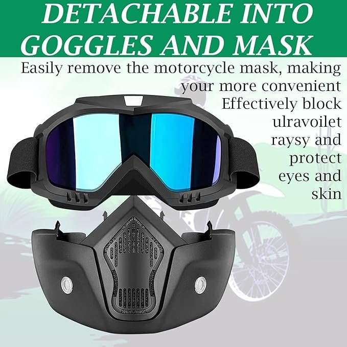 Motorcycle Goggle Mask ? Detachable Windproof Face Mask with UV Protective Goggles for Riding, Off-Road & Dirt Biking, Adjustable Strap & Ventilation Design