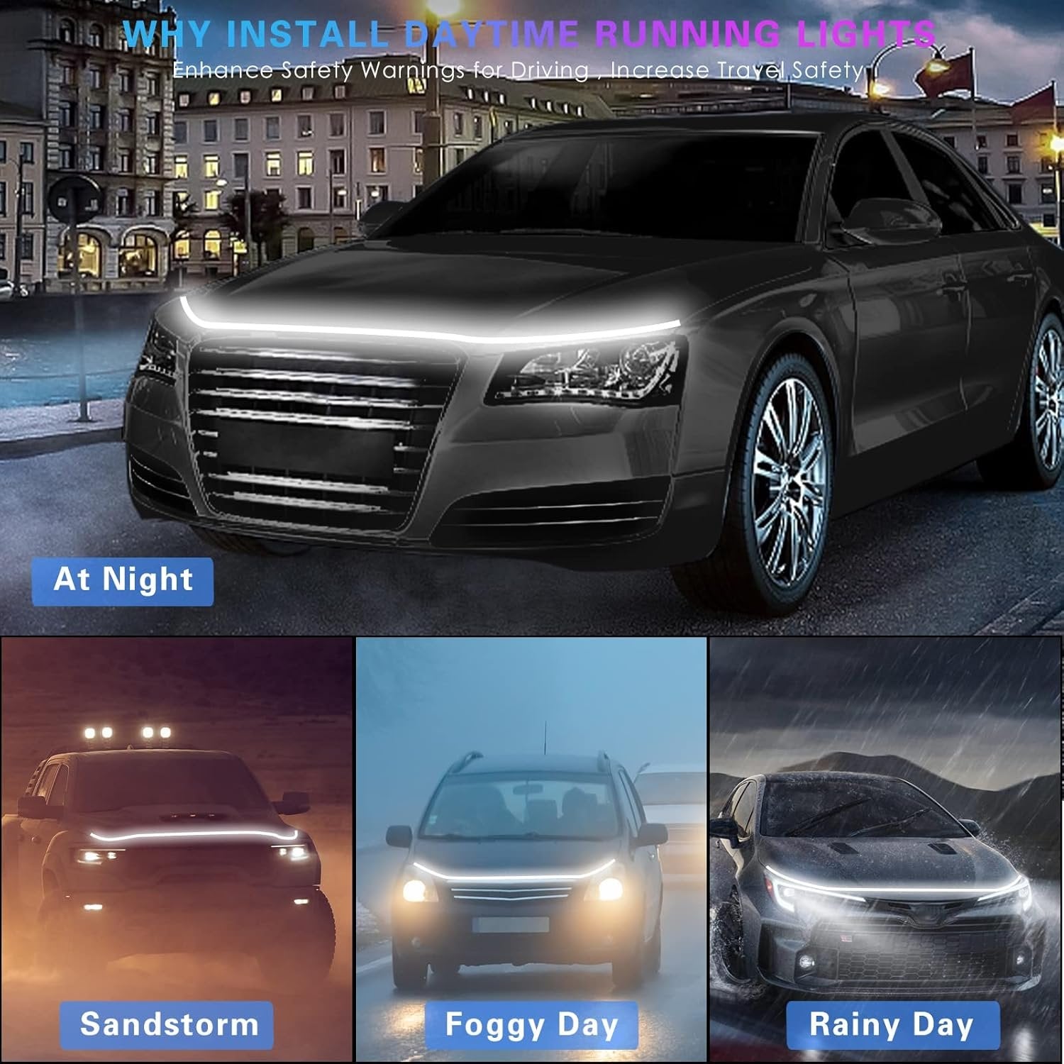 Car Hood LED Light Strip ? 180? Flowing DRL Strip for Bonnet/Grill | Waterproof, Flexible, Daytime Running Light with Turn Signal Function (DC 12V)