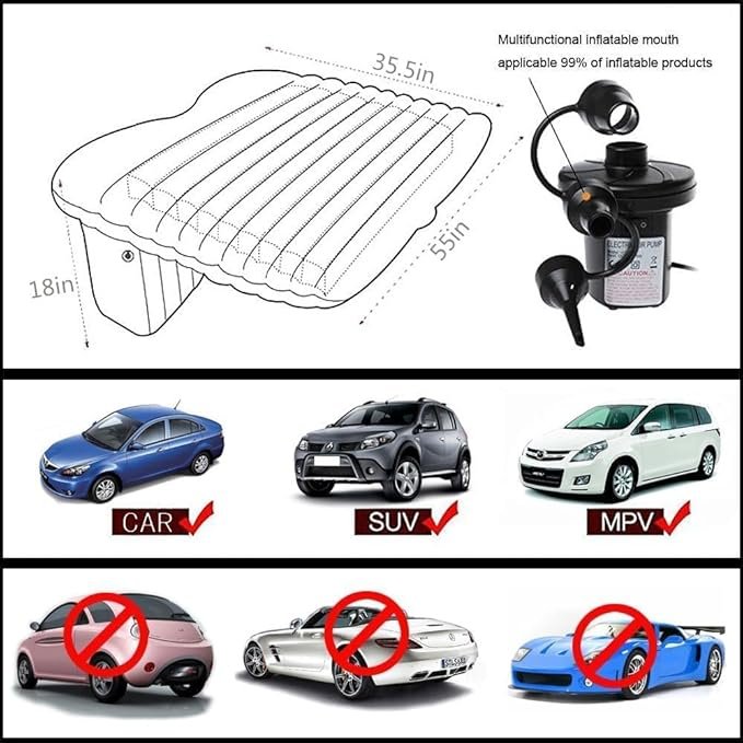 Inflatable Car Bed | Portable Travel Air Mattress with Pump & Pillows | Universal Back Seat Bed for SUV, Sedan & Camping | Comfortable Car Sleeping Mattress