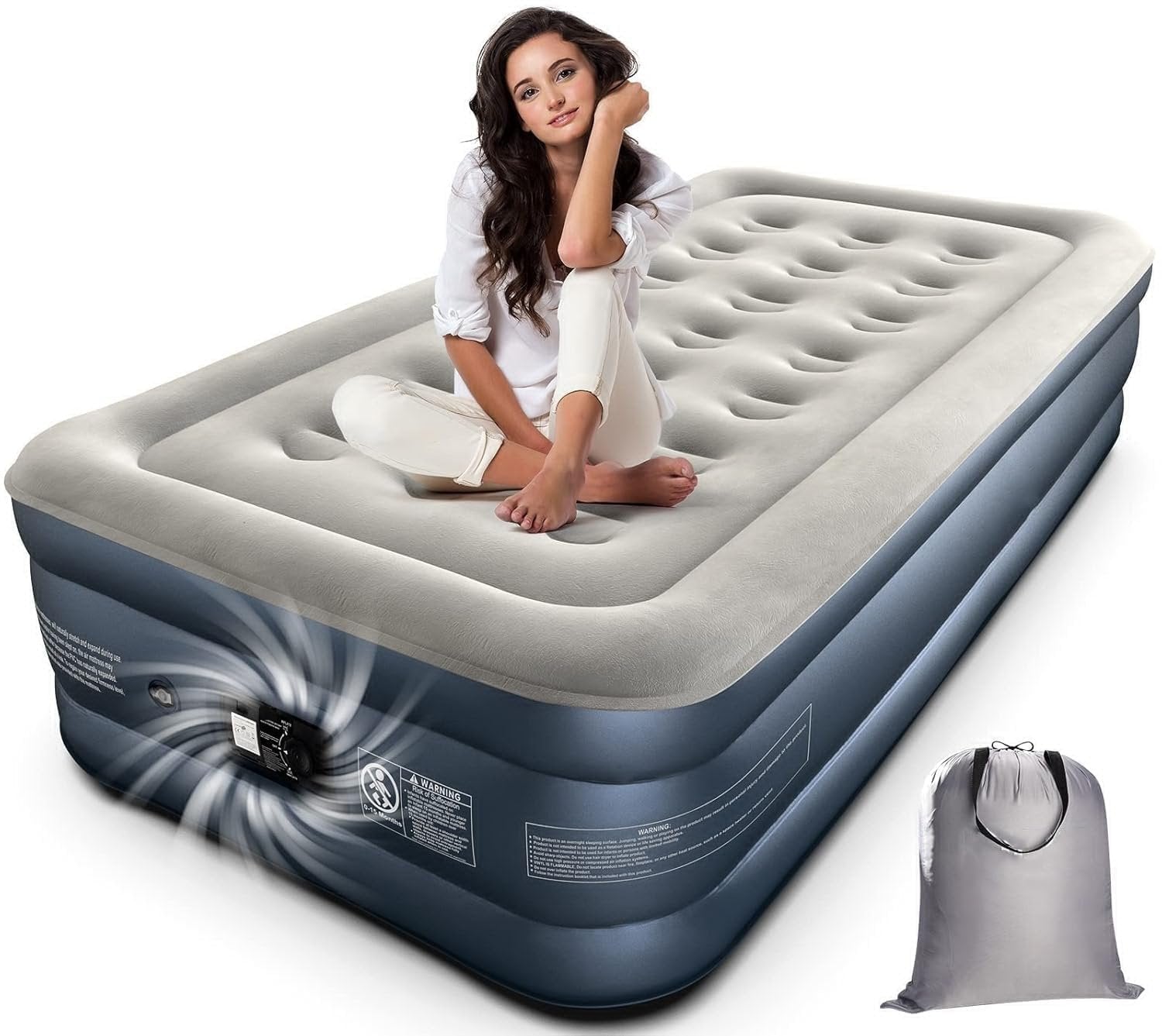 Air Mattress with Built-in Pump ? Queen Size Inflatable Bed with Fast Self-Inflation, Waterproof Flocked Top, Portable Blow-Up Mattress for Home, Camping & Guests