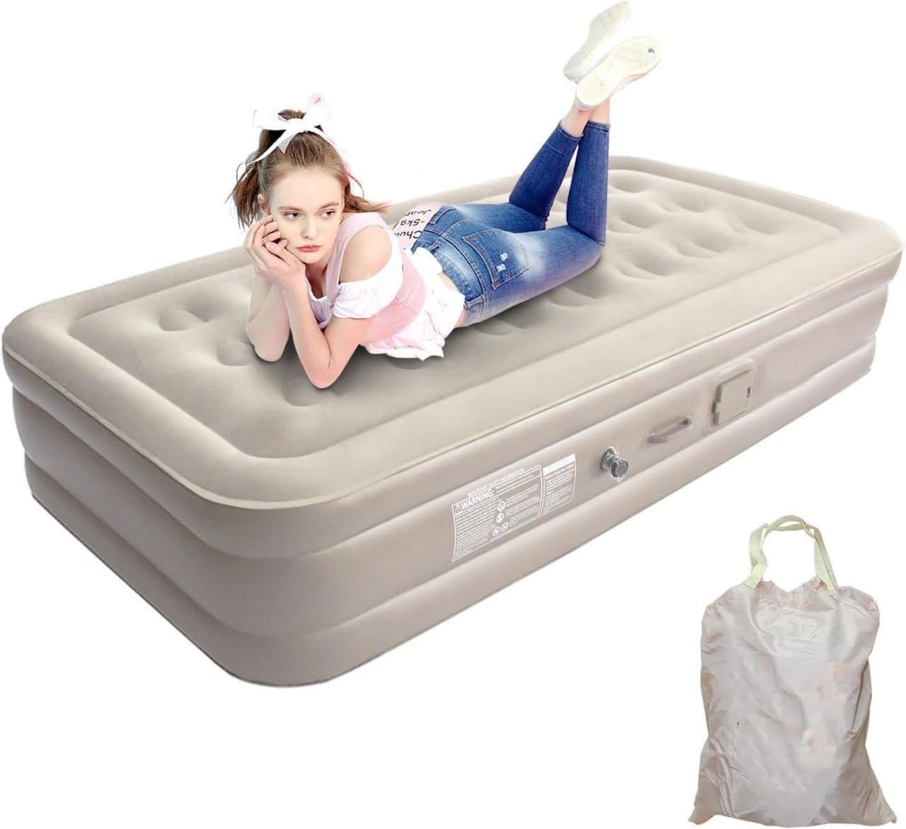 Air Mattress with Built-in Pump ? Queen Size Inflatable Bed with Fast Self-Inflation, Waterproof Flocked Top, Portable Blow-Up Mattress for Home, Camping & Guests