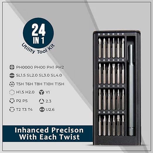 24 in 1 Precision Screwdriver Set ? Magnetic Repair Tool Kit with Aluminum Handle & 24 Bits, Compact Pocket Set for Mobile, Laptop, Eyeglass & Electronics Repair