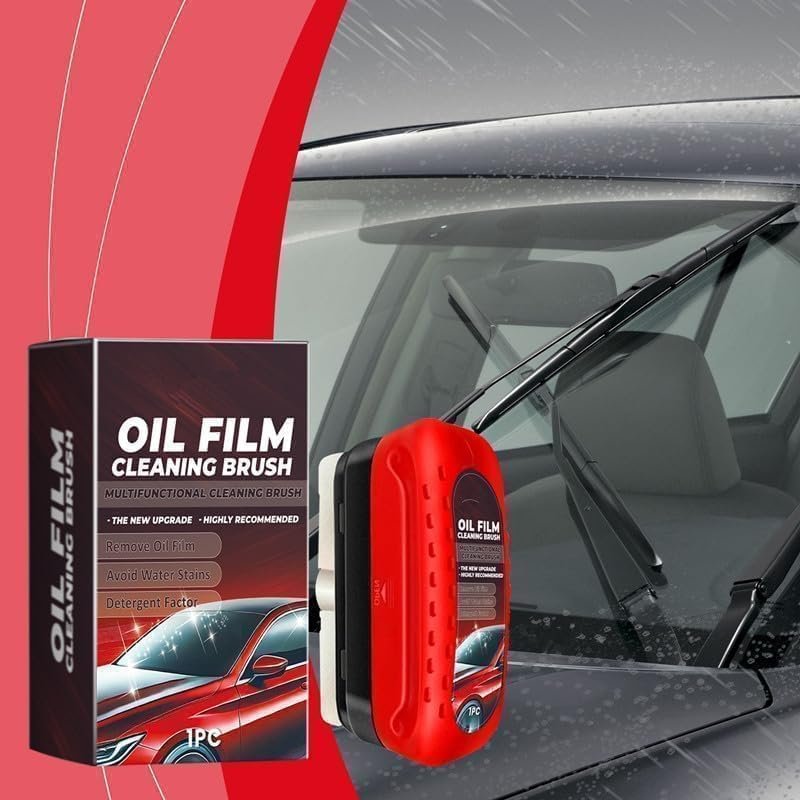 Oil Film Cleaning Brush ? Multipurpose Glass Scraper with Sponge Head & Handle, Removes Grease, Fog & Oil Film from Car Windshield, Mirrors & Windows