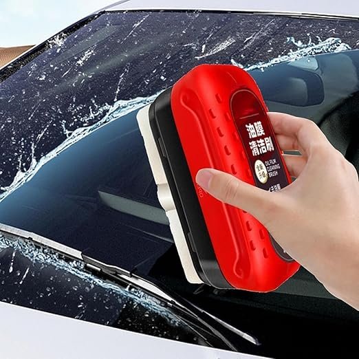 Oil Film Cleaning Brush ? Multipurpose Glass Scraper with Sponge Head & Handle, Removes Grease, Fog & Oil Film from Car Windshield, Mirrors & Windows