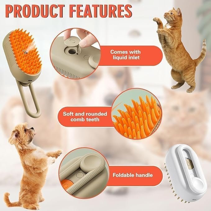 Handle Pet Steam Brush ? Portable Grooming Steamer for Dogs & Cats, Removes Loose Hair, Dirt & Odor, Gentle Detangling Brush for All Fur Types
