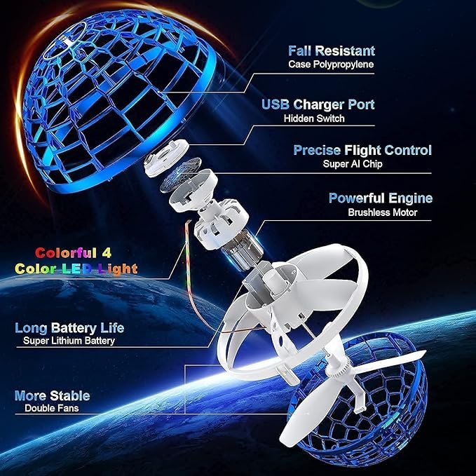 Flying Orb Ball ? Round Shape Hand-Controlled Drone Toy with LED Lights | USB Rechargeable, 360? Rotating Hover Ball for Kids & Adults, Indoor/Outdoor Fun