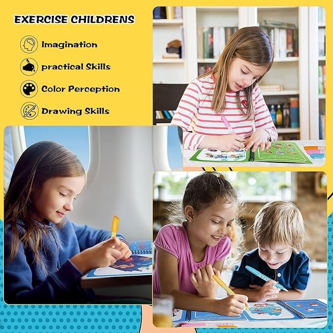 Magic Water Book for Kids ? Reusable Water Coloring Book with Pen | Mess-Free Learning & Drawing Activity for Toddlers & Preschoolers (Set of 1)