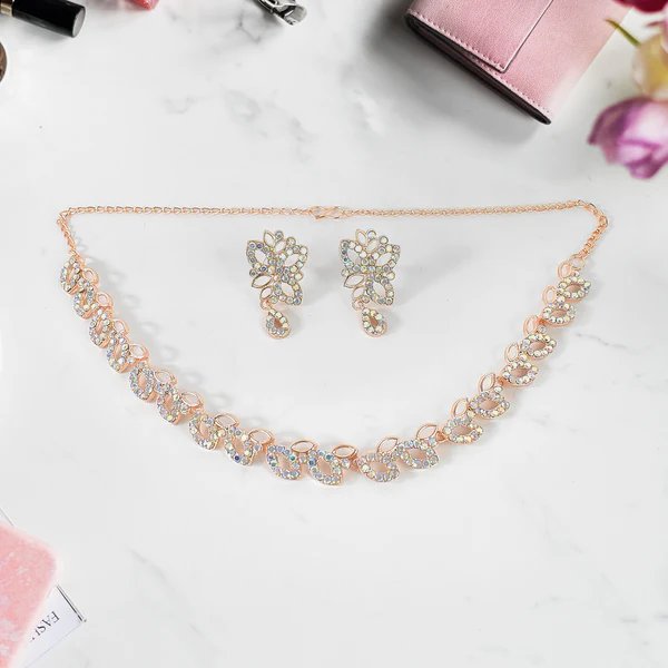 American Diamond Studded Floral Shaped Necklace with Earrings ? Sparkling Jewelry Set for Women