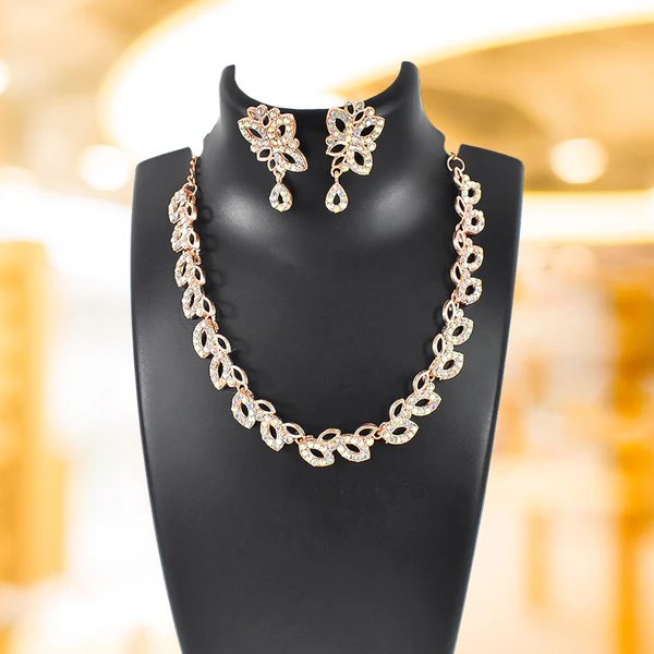 American Diamond Studded Floral Shaped Necklace with Earrings ? Sparkling Jewelry Set for Women