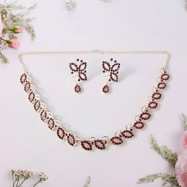 American Diamond Studded Floral Shaped Necklace with Earrings ? Sparkling Jewelry Set for Women