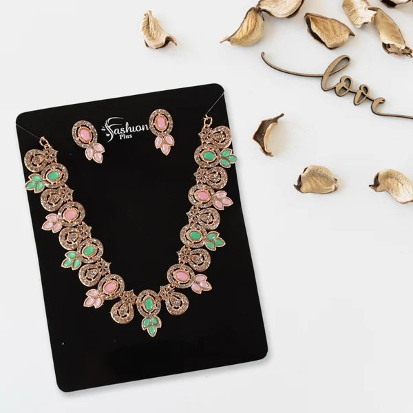 Elegant Pink & Green Diamond Necklace Set ? Stylish and Colorful Jewelry for Women