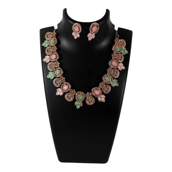 Elegant Pink & Green Diamond Necklace Set ? Stylish and Colorful Jewelry for Women
