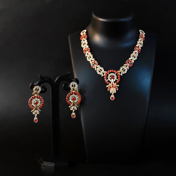 Red & White Diamond Necklace with Earring Set ? Stunning Jewelry for Women, Perfect for Weddings & Parties