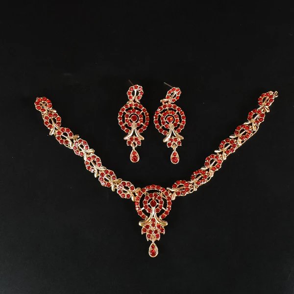 Red Diamond Necklace with Earring Set ? Elegant Jewelry for Women, Ideal for Festive and Formal Events