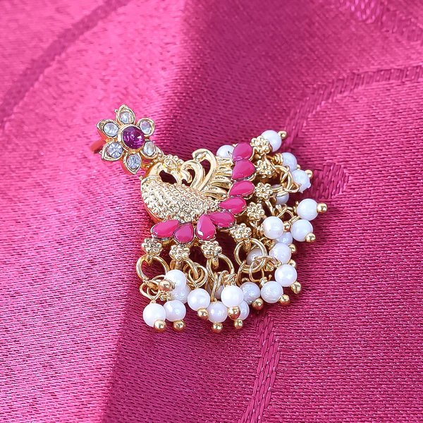 Pearls Pink Dangle Ethnic Earrings for Women Traditional Pearl and Gold Plated Design, Lightweight Jewelry for Special Occasions