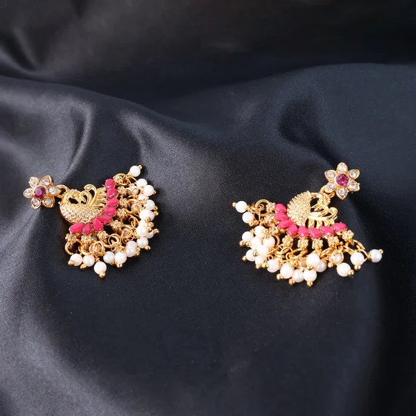 Pearls Pink Dangle Ethnic Earrings for Women Traditional Pearl and Gold Plated Design, Lightweight Jewelry for Special Occasions