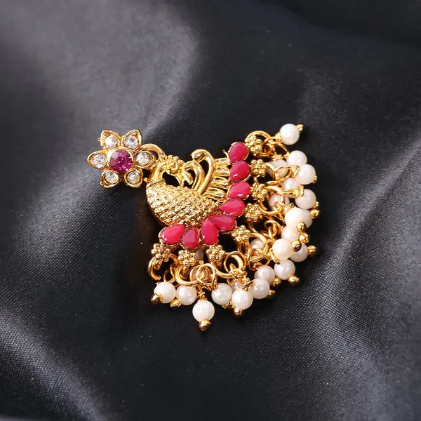 Pearls Pink Dangle Ethnic Earrings for Women Traditional Pearl and Gold Plated Design, Lightweight Jewelry for Special Occasions