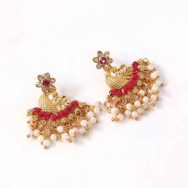 Pearls Pink Dangle Ethnic Earrings for Women Traditional Pearl and Gold Plated Design, Lightweight Jewelry for Special Occasions