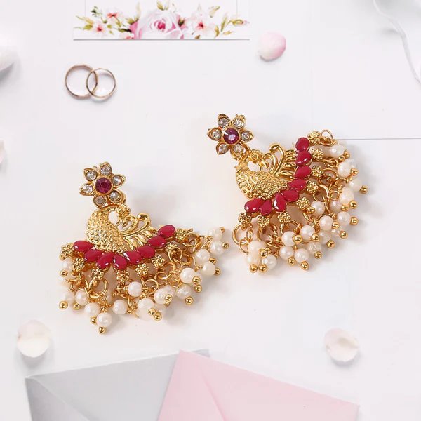 Pearls Pink Dangle Ethnic Earrings for Women Traditional Pearl and Gold Plated Design, Lightweight Jewelry for Special Occasions