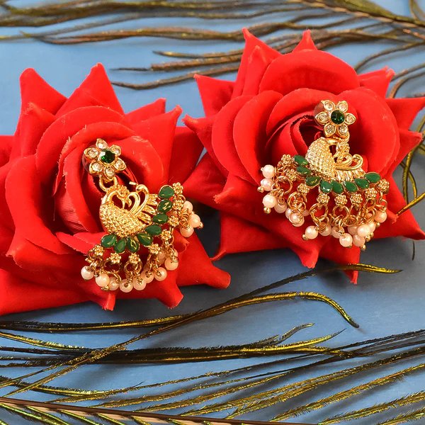 Beautiful Peacock Design American Diamond Pearl Earrings (1 Pair) Elegant Traditional Jewelry for Women, Perfect for Weddings & Festivals