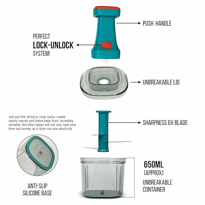 Premium Push Chopper 1100ml – Large Capacity Vegetable & Fruit Chopper with Sharp Stainless Steel Blades, BPA-Free, Easy to Use & Clean
