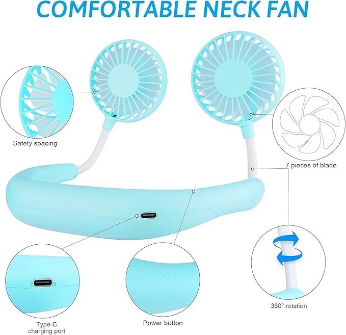 Hands-Free Personal Fan - Wearable Neckband USB Rechargeable Mini Fan, Portable Cooling for Home, Office, Travel & Sports