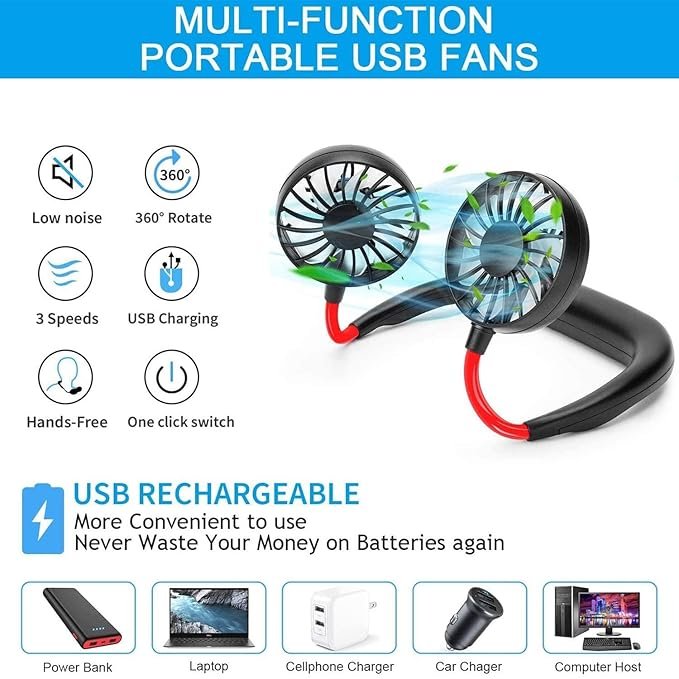 Hands-Free Personal Fan - Wearable Neckband USB Rechargeable Mini Fan, Portable Cooling for Home, Office, Travel & Sports