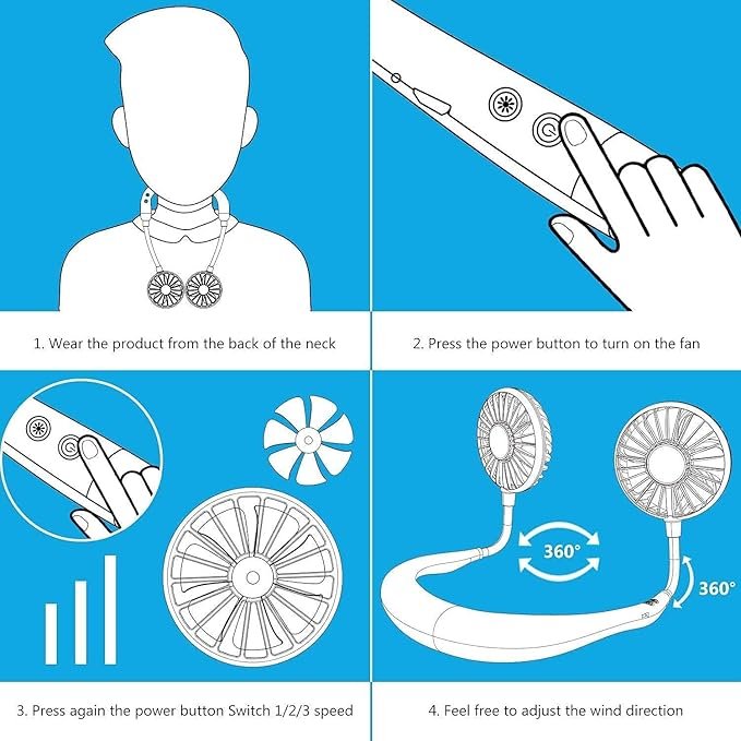 Hands-Free Personal Fan - Wearable Neckband USB Rechargeable Mini Fan, Portable Cooling for Home, Office, Travel & Sports