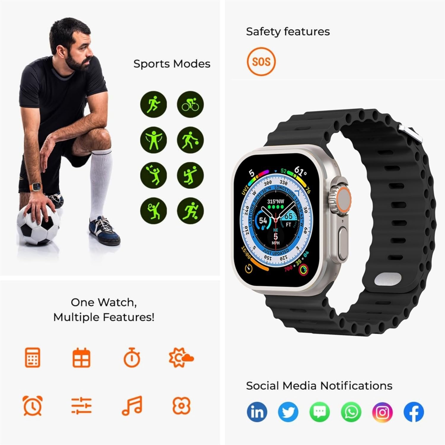 T800 Smart Watch for Men and Women, Fitness Tracker, Heart Rate Monitor, Waterproof, Touchscreen, Sleep Monitor, Compatible with iOS &amp; Android