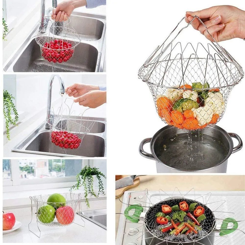 2 in 1 Chef Basket – Collapsible, Multi-Function Kitchen Strainer, Frying Basket for Cooking, Deep Frying, Steaming, Draining, and More, Easy to Clean, Space-Saving
