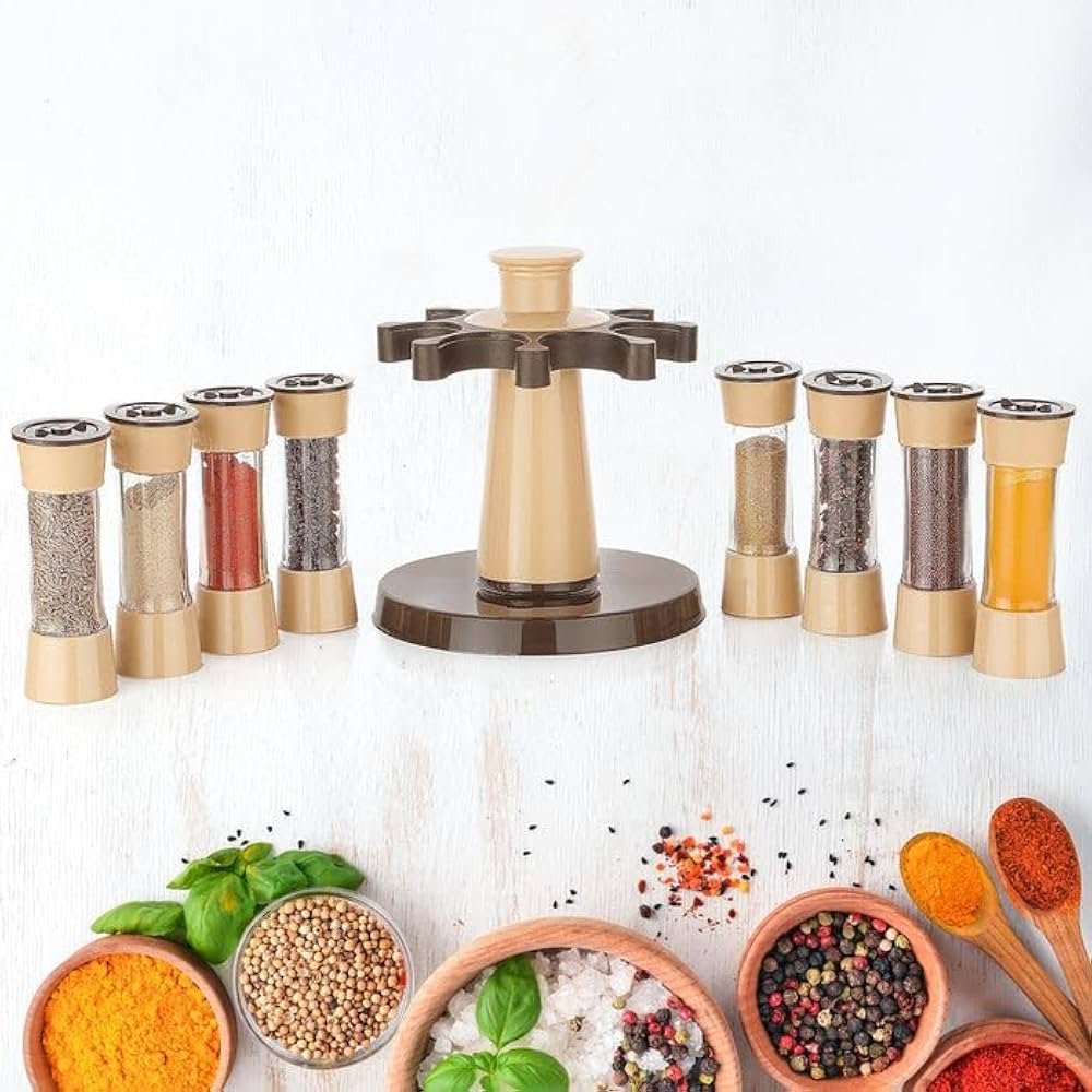 16 PCS Spice Rack Set - Brown Wooden Spice Organizer with Jars, Lids & Labels | Perfect for Kitchen Storage & Organization