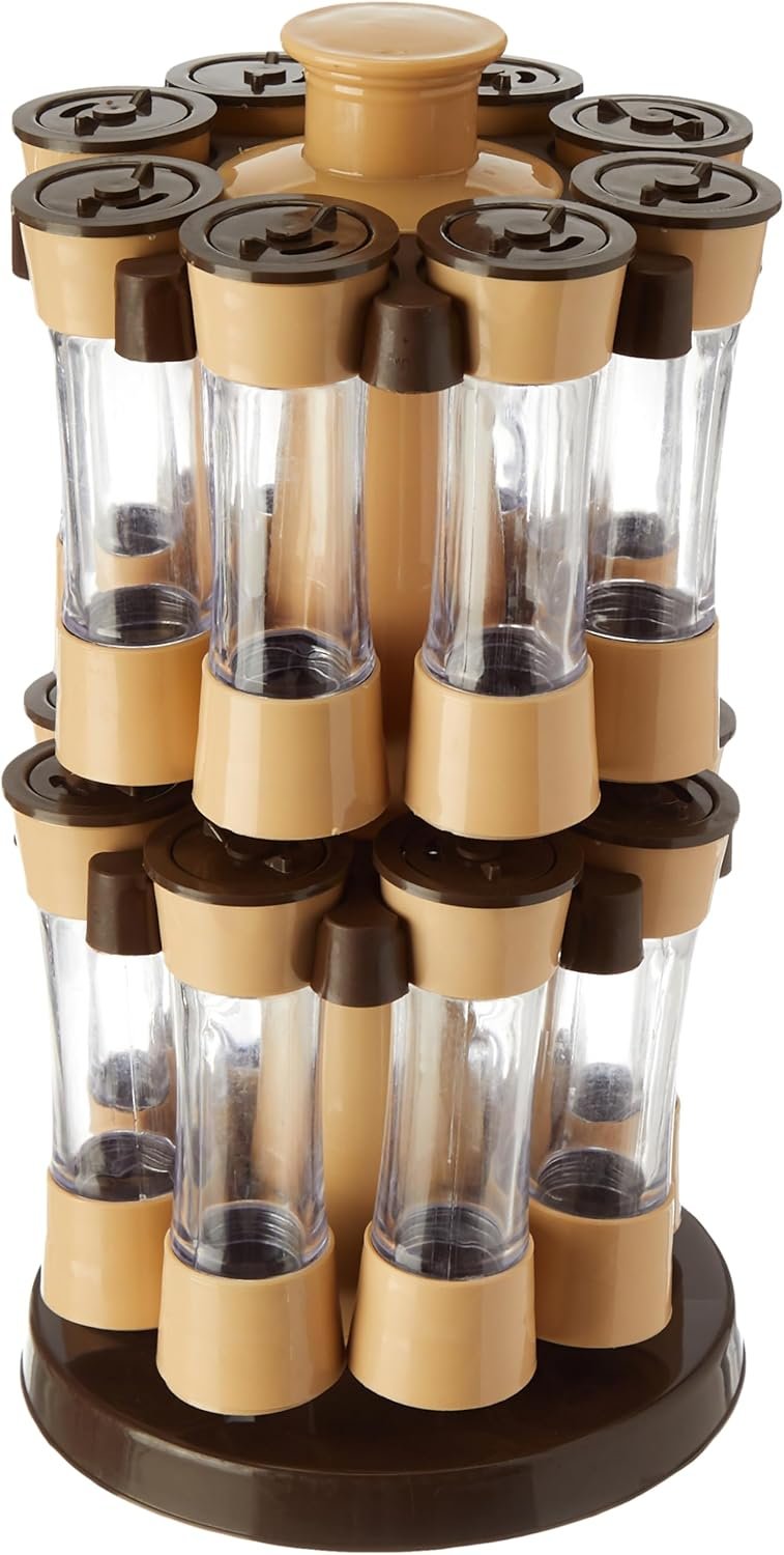16 PCS Spice Rack Set - Brown Wooden Spice Organizer with Jars, Lids & Labels | Perfect for Kitchen Storage & Organization