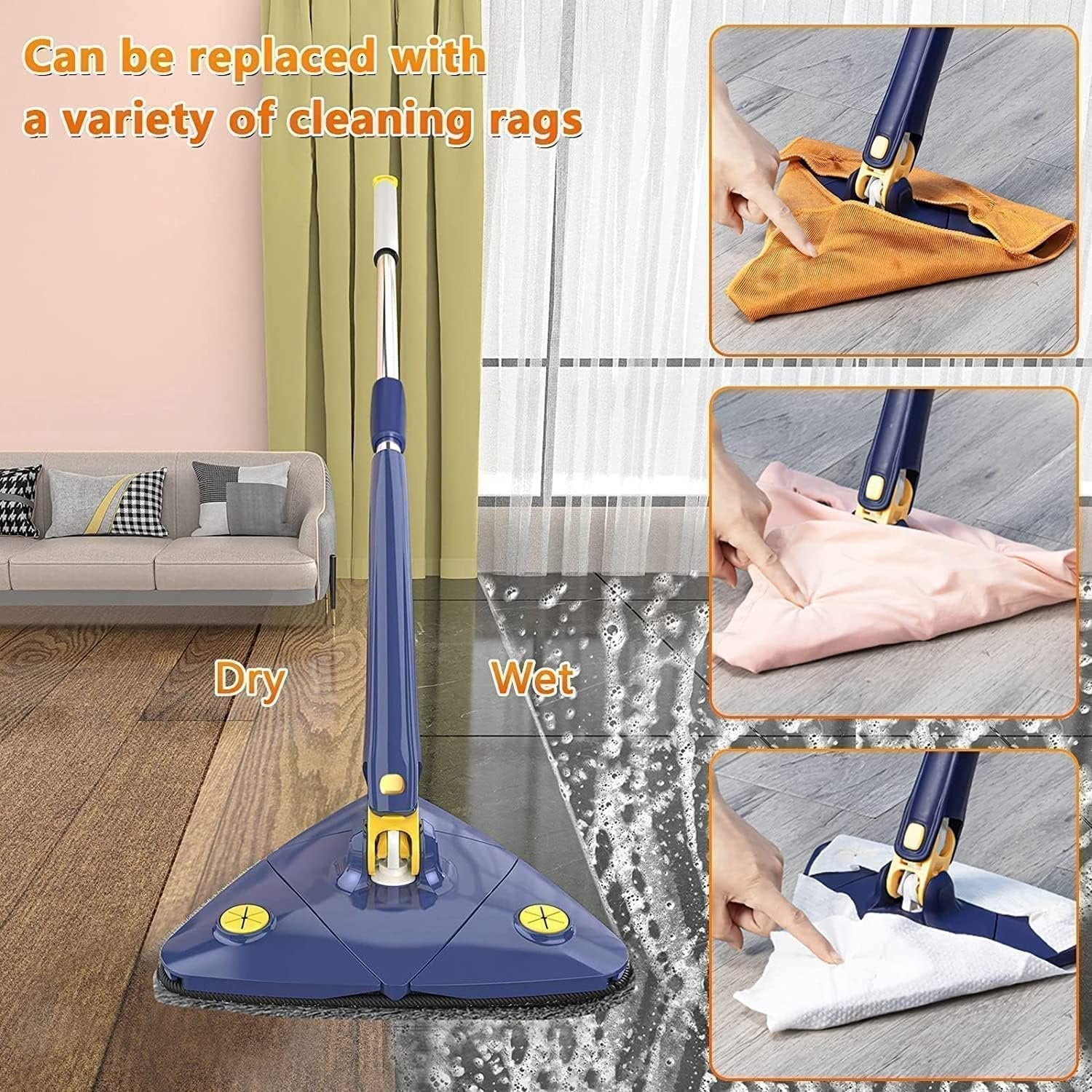 3 Fold Triangle Mop – Triangular-Shaped Floor Mop for Efficient Corner & Edge Cleaning, Adjustable Handle, Microfiber Pads