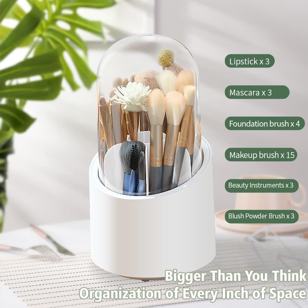 360 Degree Makeup Brush Holder – White, Rotating Organizer, Durable, Space-Saving, Stylish Storage for Brushes, Cosmetics, and Beauty Tools