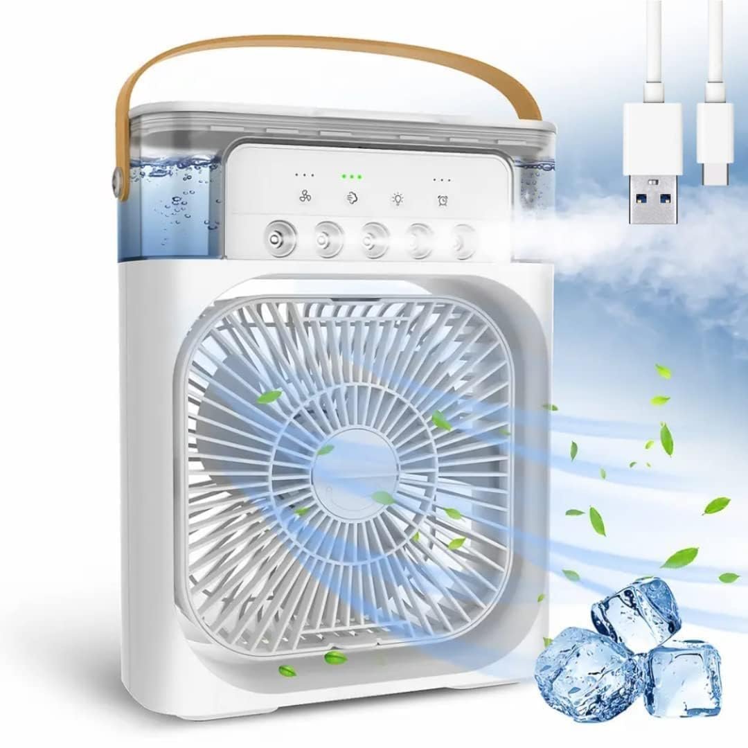 Portable Air Conditioner Fan, 4-in-1 Personal Air Cooler with 3 Speeds, LED Light & Humidifier, Mini Air Conditioner for Room, Office, Bedroom, Camping - Energy Efficient & USB Powered