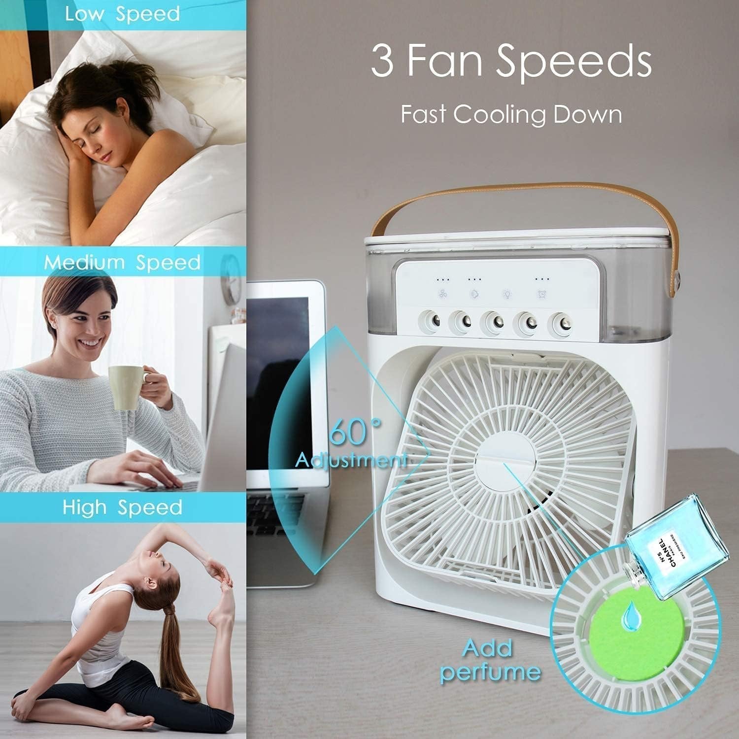 Portable Air Conditioner Fan, 4-in-1 Personal Air Cooler with 3 Speeds, LED Light & Humidifier, Mini Air Conditioner for Room, Office, Bedroom, Camping - Energy Efficient & USB Powered