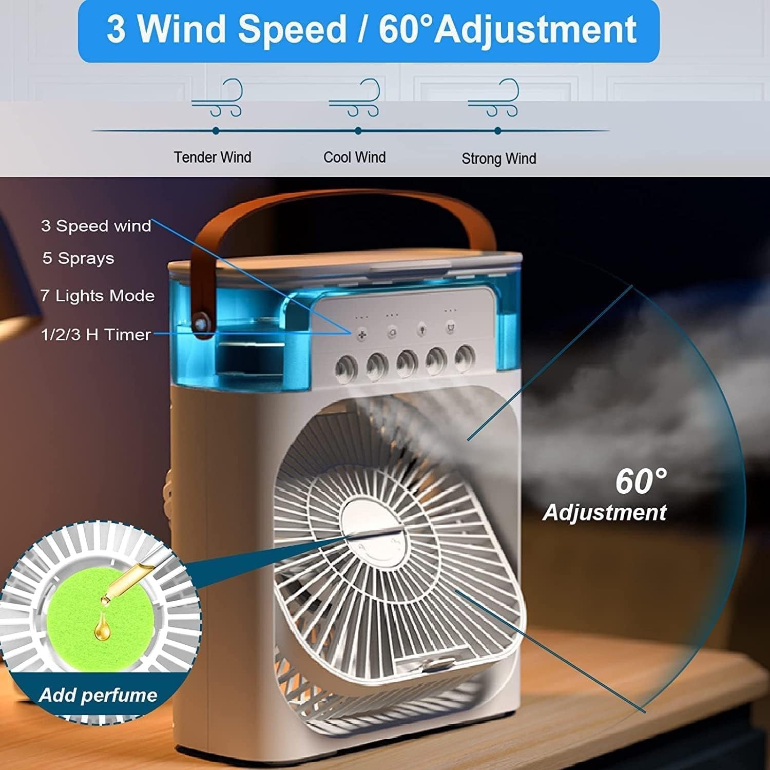Portable Air Conditioner Fan, 4-in-1 Personal Air Cooler with 3 Speeds, LED Light & Humidifier, Mini Air Conditioner for Room, Office, Bedroom, Camping - Energy Efficient & USB Powered