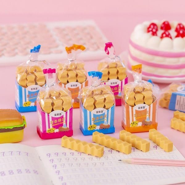 French Fries Shaped Fancy Erasers ? Pack of 6 ? Fun and Novelty Erasers for Kids, Students, and Collectors ? Soft, Non-Toxic, Durable ? Perfect for School Supplies, Party Favors, and Gifts

