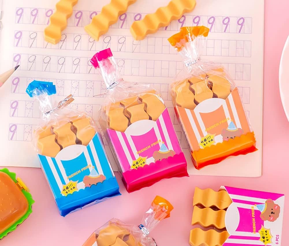 French Fries Shaped Fancy Erasers ? Pack of 6 ? Fun and Novelty Erasers for Kids, Students, and Collectors ? Soft, Non-Toxic, Durable ? Perfect for School Supplies, Party Favors, and Gifts
