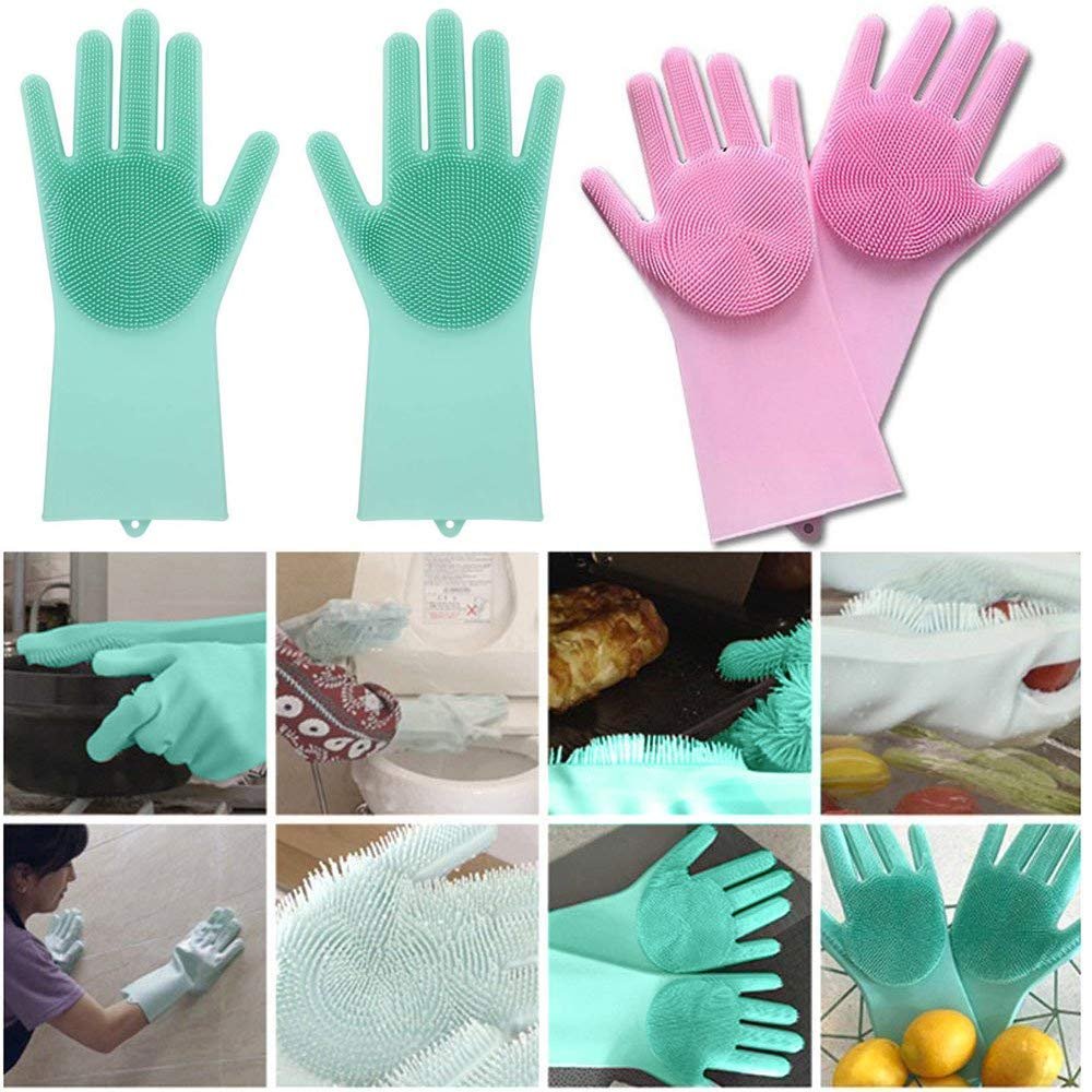 Silicone Hand Gloves for Dishwashing ? Heat-Resistant, Scrub-Embedded, Reusable Cleaning Gloves for Kitchen, Car, Pet & More

