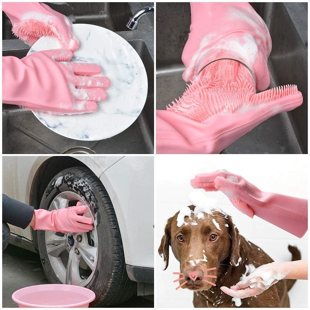 Silicone Hand Gloves for Dishwashing ? Heat-Resistant, Scrub-Embedded, Reusable Cleaning Gloves for Kitchen, Car, Pet & More

