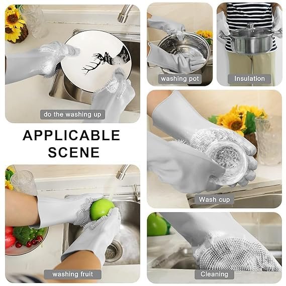 Silicone Hand Gloves for Dishwashing ? Heat-Resistant, Scrub-Embedded, Reusable Cleaning Gloves for Kitchen, Car, Pet & More

