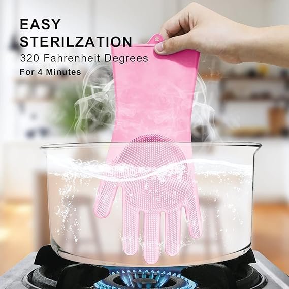 Silicone Hand Gloves for Dishwashing ? Heat-Resistant, Scrub-Embedded, Reusable Cleaning Gloves for Kitchen, Car, Pet & More

