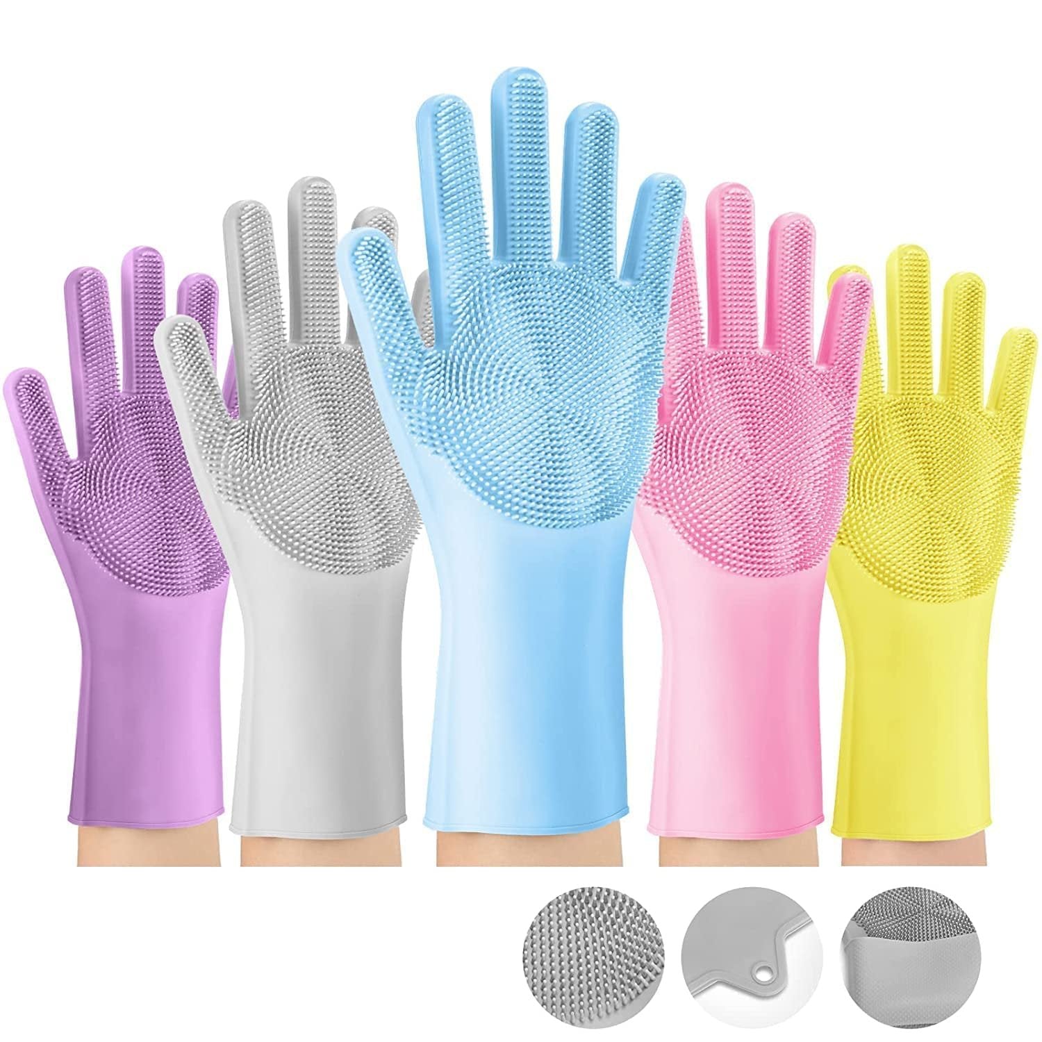 Silicone Hand Gloves for Dishwashing ? Heat-Resistant, Scrub-Embedded, Reusable Cleaning Gloves for Kitchen, Car, Pet & More


