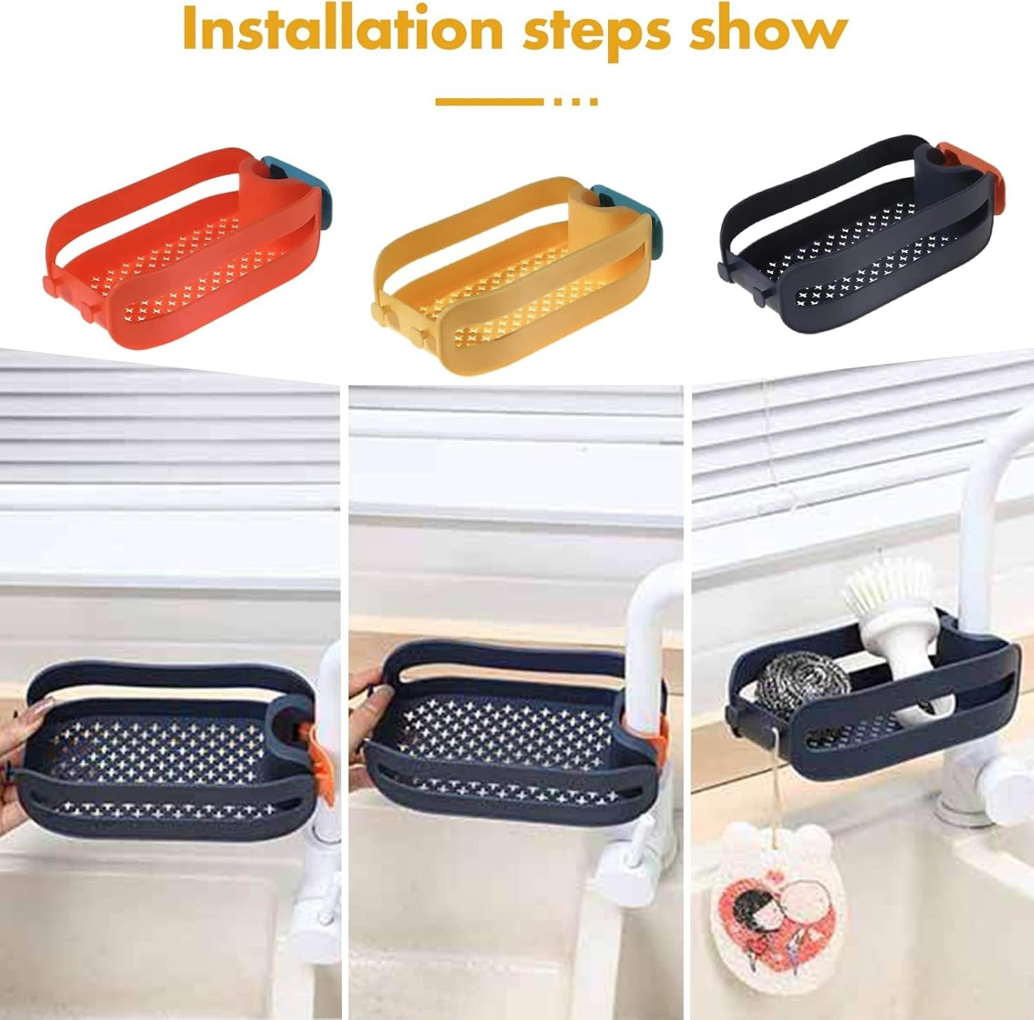 Kitchen Sink Faucet Organizer Rack ? Adjustable Holder for Sponges, Soaps & Brushes ? Drainage Design Sink Caddy Shelf for Tidy Countertops

